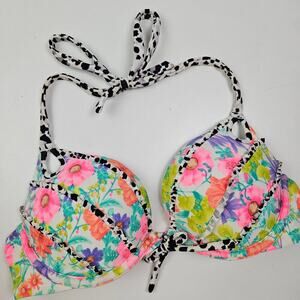 Victoria's Secret VS Swim Padded Push Up Bikini‎ Top 34B Neon Floral Leopard